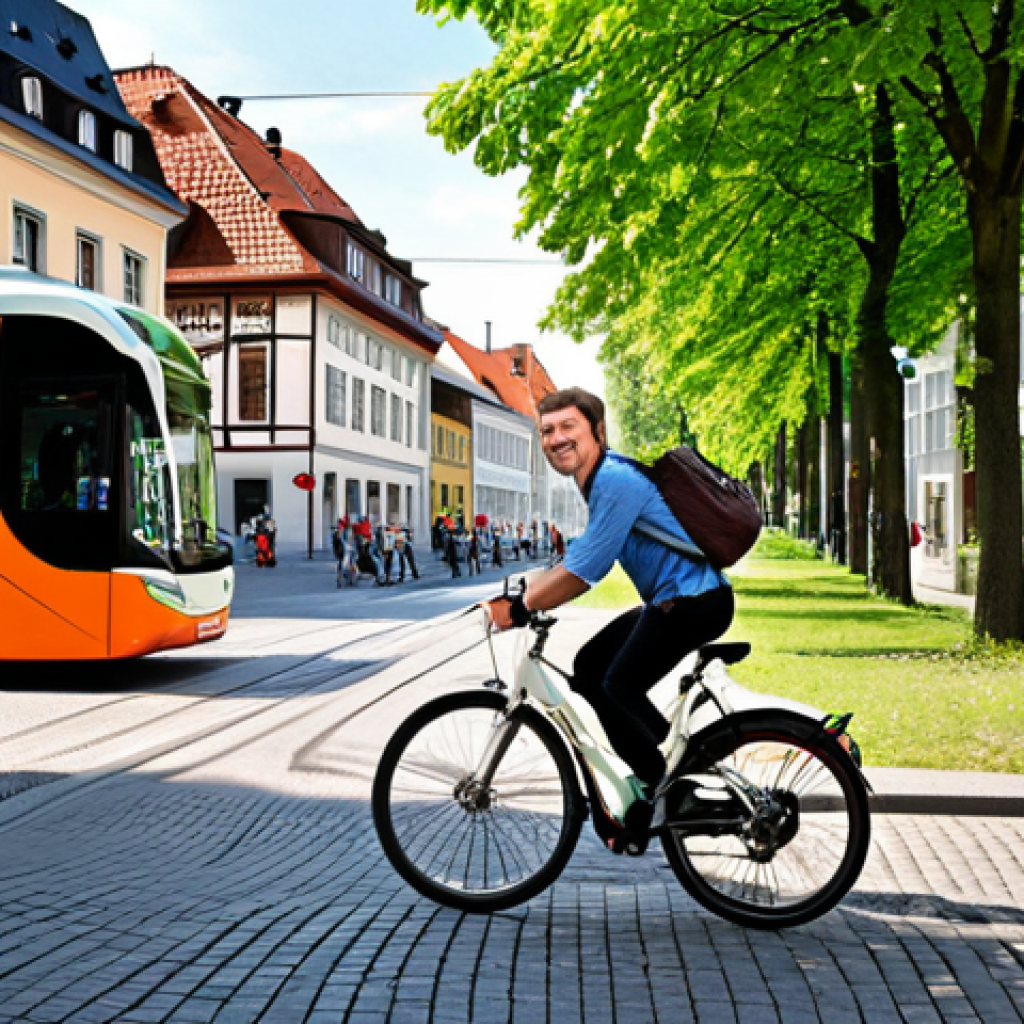 **Prompt:** A person happily riding a bicycle through a vibrant German city street, with green trees lining the road and eco-friendly public transportation (like electric buses or trams) visible in the background. The scene is bright and cheerful, emphasizing the joy of sustainable urban mobility. Include traditional German architecture in the background to establish the location.