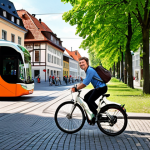 **Prompt:** A person happily riding a bicycle through a vibrant German city street, with green trees lining the road and eco-friendly public transportation (like electric buses or trams) visible in the background. The scene is bright and cheerful, emphasizing the joy of sustainable urban mobility. Include traditional German architecture in the background to establish the location.