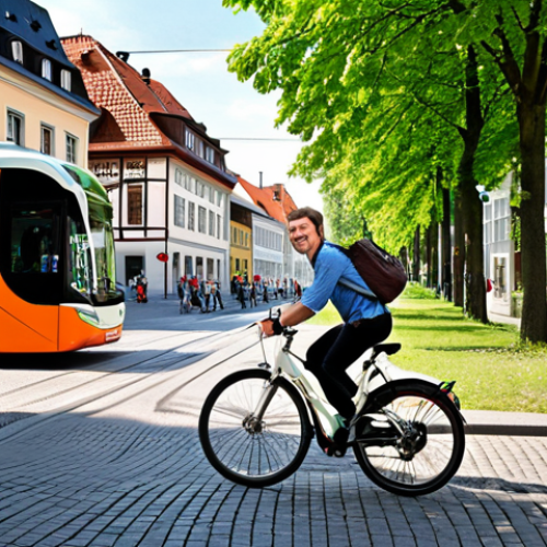 **Prompt:** A person happily riding a bicycle through a vibrant German city street, with green trees lining the road and eco-friendly public transportation (like electric buses or trams) visible in the background. The scene is bright and cheerful, emphasizing the joy of sustainable urban mobility. Include traditional German architecture in the background to establish the location.