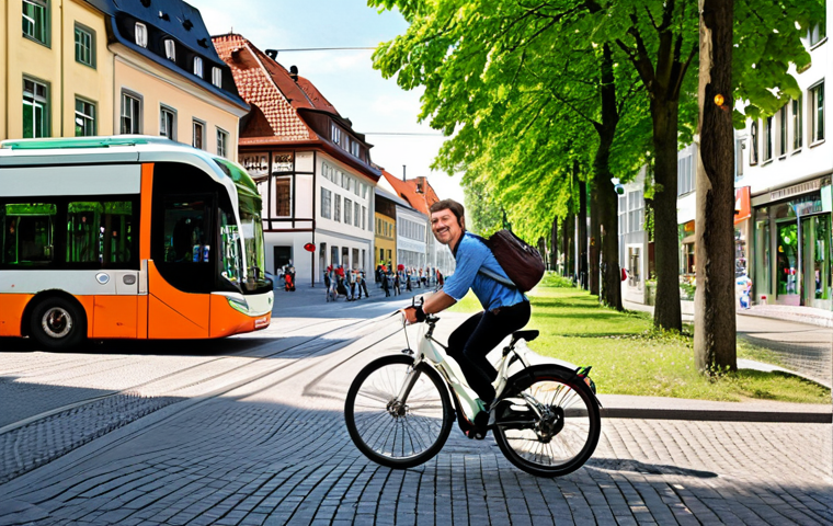 **Prompt:** A person happily riding a bicycle through a vibrant German city street, with green trees lining the road and eco-friendly public transportation (like electric buses or trams) visible in the background. The scene is bright and cheerful, emphasizing the joy of sustainable urban mobility. Include traditional German architecture in the background to establish the location.
