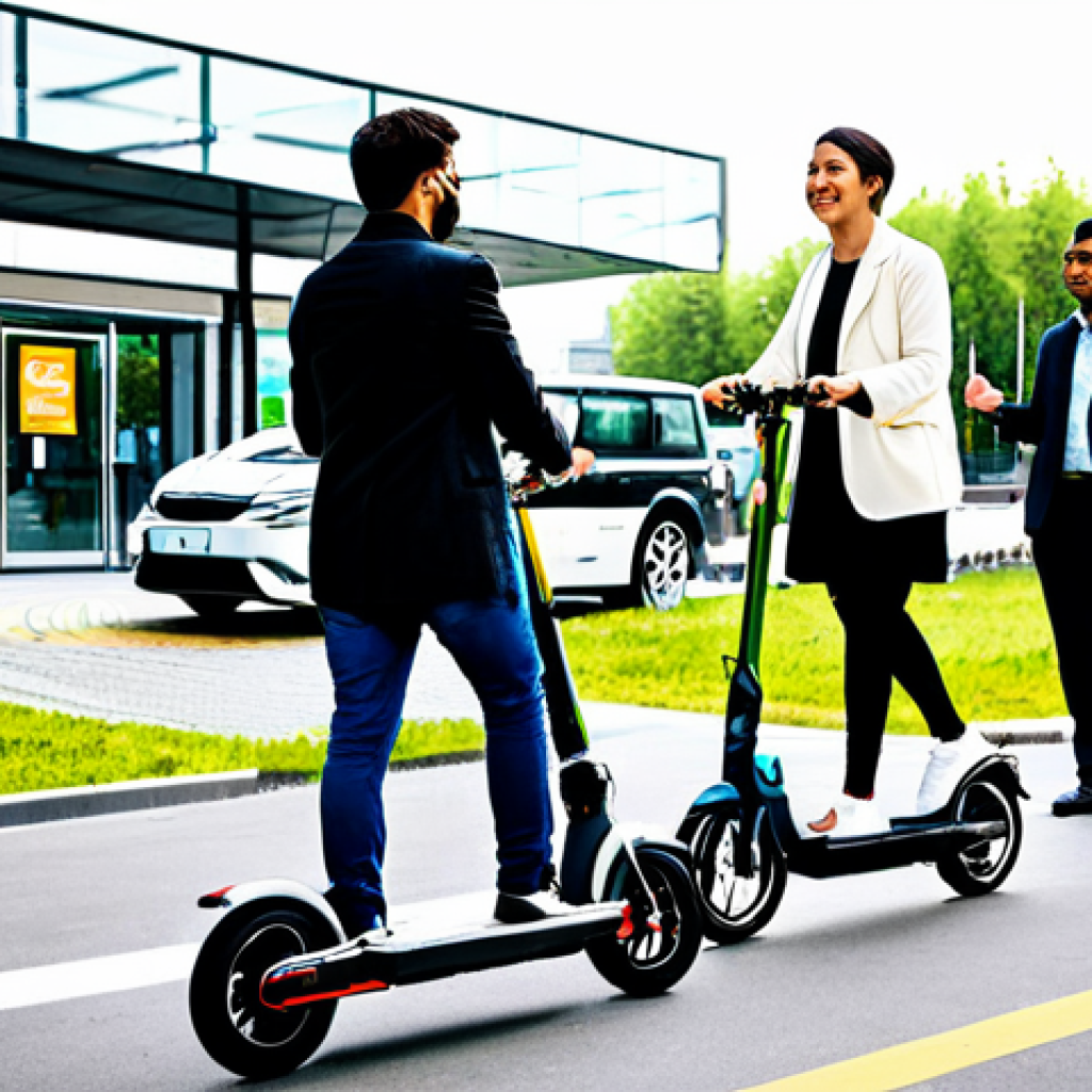 A bustling urban scene depicting sustainable mobility. Diverse individuals, fully clothed in modest, professional attire, are interacting with eco-friendly transport. An electric car is charging at a public station in the foreground, while a person rides a shared e-scooter and another cycles a rental e-bike on a designated path. The background features modern, clean city architecture and green spaces, emphasizing a vibrant, forward-looking, and environmentally conscious atmosphere. Safe for work, appropriate content, fully clothed, perfect anatomy, natural pose, correct proportions, professional photography, high quality.