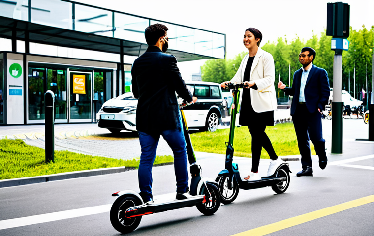 A bustling urban scene depicting sustainable mobility. Diverse individuals, fully clothed in modest, professional attire, are interacting with eco-friendly transport. An electric car is charging at a public station in the foreground, while a person rides a shared e-scooter and another cycles a rental e-bike on a designated path. The background features modern, clean city architecture and green spaces, emphasizing a vibrant, forward-looking, and environmentally conscious atmosphere. Safe for work, appropriate content, fully clothed, perfect anatomy, natural pose, correct proportions, professional photography, high quality.