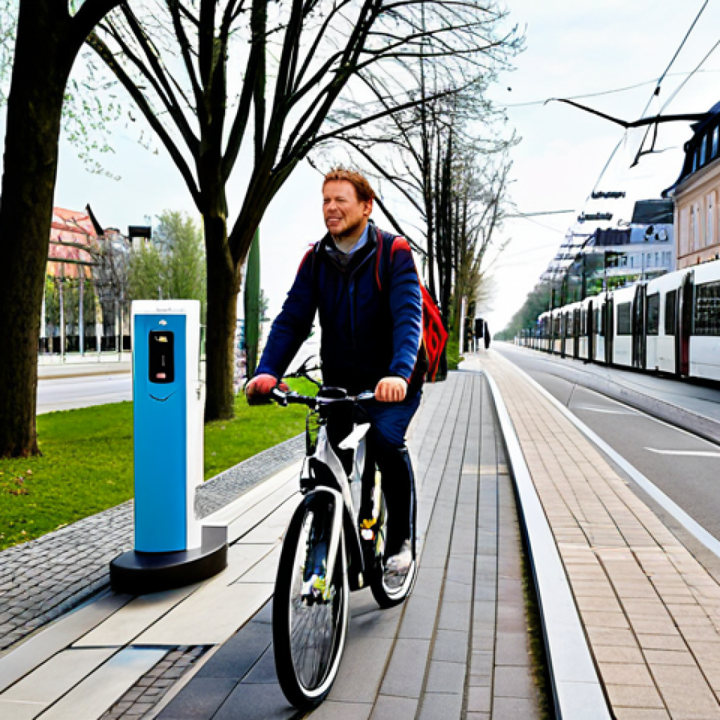 Eco-Friendly Transportation in a German City**
"A modern German city street scene, showcasing diverse sustainable transportation options. A cyclist rides on a dedicated bike path, electric cars are parked at charging stations, and a modern tram passes by. Pedestrians walk along a tree-lined sidewalk. In the background, modern buildings with solar panels are visible. Safe for work, appropriate content, fully clothed, professional, perfect anatomy, correct proportions, natural pose, high-quality rendering, realistic style, well-formed hands, proper finger count, natural body proportions."
**