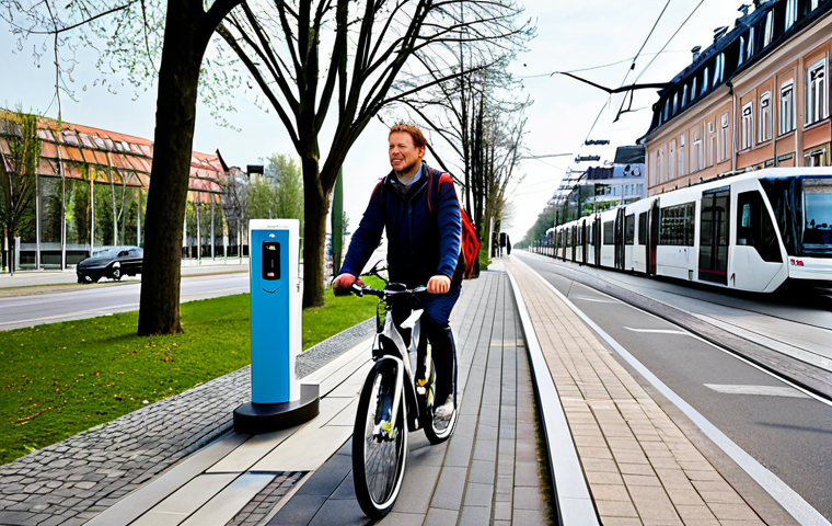Eco-Friendly Transportation in a German City**
"A modern German city street scene, showcasing diverse sustainable transportation options. A cyclist rides on a dedicated bike path, electric cars are parked at charging stations, and a modern tram passes by. Pedestrians walk along a tree-lined sidewalk. In the background, modern buildings with solar panels are visible. Safe for work, appropriate content, fully clothed, professional, perfect anatomy, correct proportions, natural pose, high-quality rendering, realistic style, well-formed hands, proper finger count, natural body proportions."
**