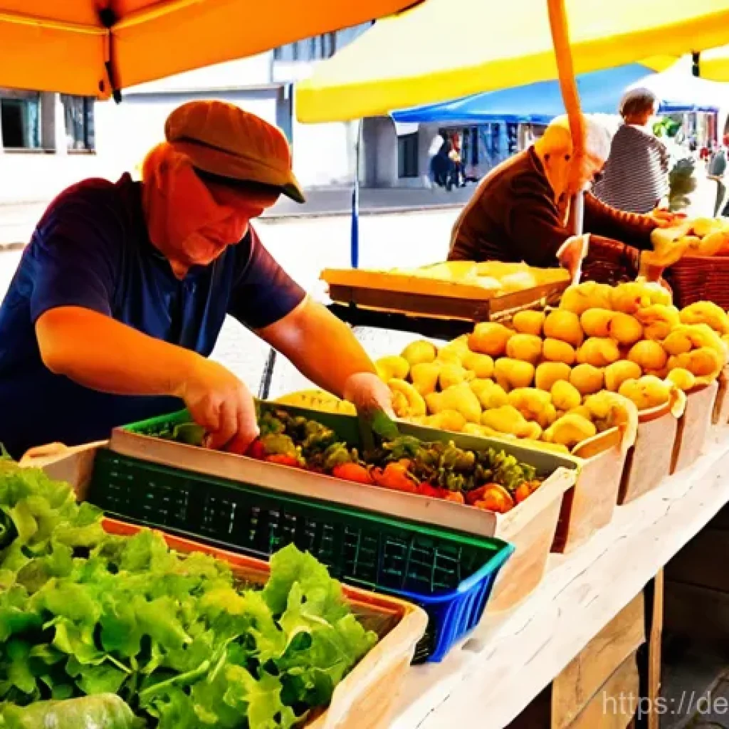 탄소중립 생활을 위한 소비자 행동 변화 - **Prompt:** A vibrant, sun-drenched scene at a bustling German weekly farmers' market. Diverse shopp...