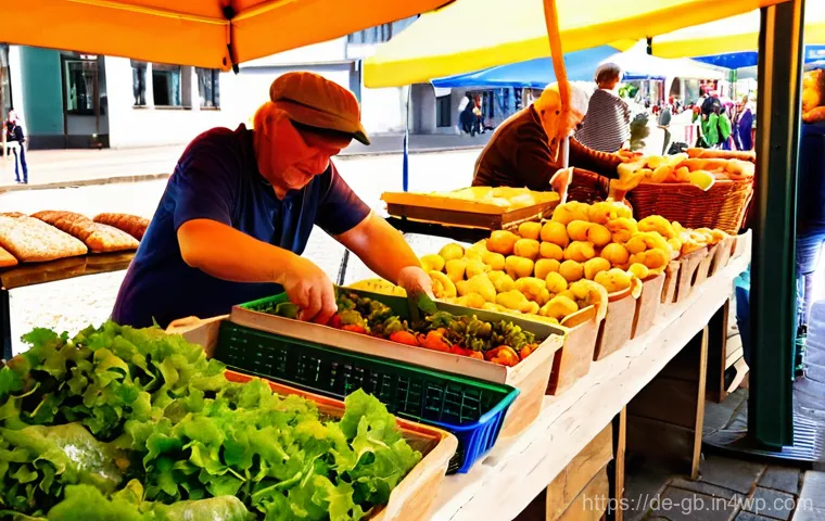 탄소중립 생활을 위한 소비자 행동 변화 - **Prompt:** A vibrant, sun-drenched scene at a bustling German weekly farmers' market. Diverse shopp...