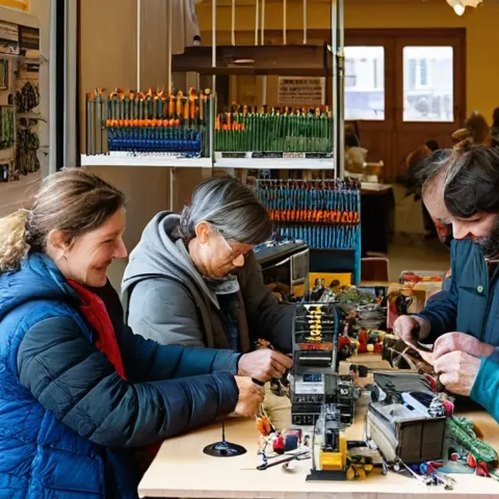 탄소발자국 줄이는 생활 실천법 - **Sustainable Community Action at a German Repair Café**
An image showcasing a bustling, brightl...