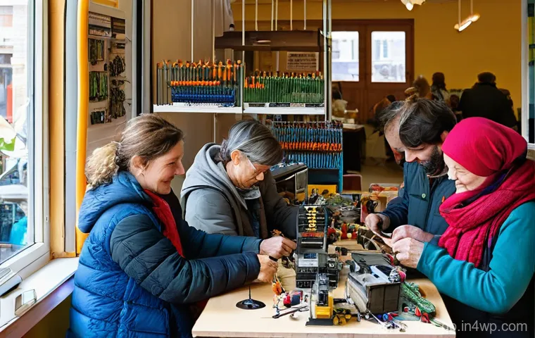 탄소발자국 줄이는 생활 실천법 - **Sustainable Community Action at a German Repair Caf&eacute;**
    An image showcasing a bustling, brightl...