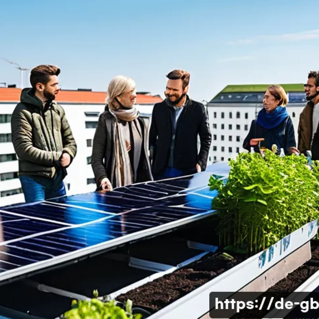 탄소중립을 위한 커뮤니티 기반 프로젝트 - A vibrant community rooftop solar garden in Berlin, showing diverse neighbors&mdash;men and women of vario...