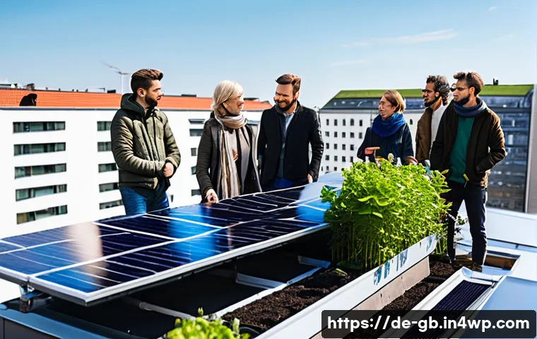 탄소중립을 위한 커뮤니티 기반 프로젝트 - A vibrant community rooftop solar garden in Berlin, showing diverse neighbors—men and women of vario...