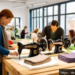 Home 21 탄소중립을 위한 사회적 기업의 성공 사례 - A modern, eco-friendly fashion workshop in Germany, showing diverse artisans carefully upcycling tex...
