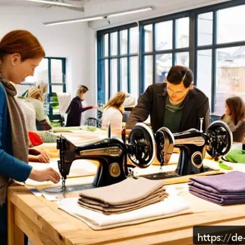 Home 33 탄소중립을 위한 사회적 기업의 성공 사례 - A modern, eco-friendly fashion workshop in Germany, showing diverse artisans carefully upcycling tex...