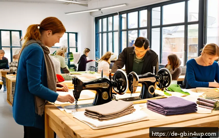 탄소중립을 위한 사회적 기업의 성공 사례 - A modern, eco-friendly fashion workshop in Germany, showing diverse artisans carefully upcycling tex...