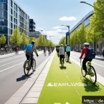 Home 18 탄소중립 생활을 위한 국제 사례 연구 - A vibrant urban street scene in Berlin showcasing extensive, wide bicycle lanes integrated seamlessl...