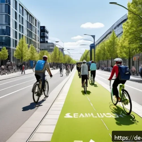 Home 30 탄소중립 생활을 위한 국제 사례 연구 - A vibrant urban street scene in Berlin showcasing extensive, wide bicycle lanes integrated seamlessl...