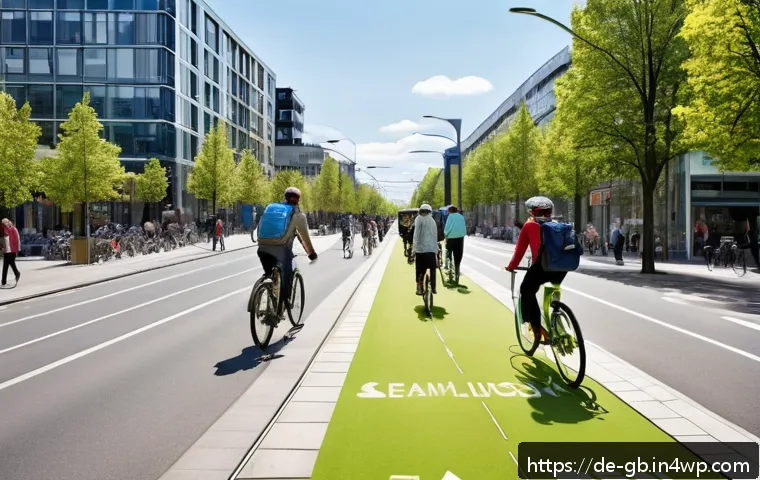 탄소중립 생활을 위한 국제 사례 연구 - A vibrant urban street scene in Berlin showcasing extensive, wide bicycle lanes integrated seamlessl...