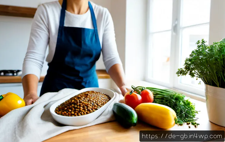 탄소중립을 위한 식습관 개선 팁 - Photorealistic German home kitchen scene, an adult preparing a low-carbon seasonal meal with colorfu...