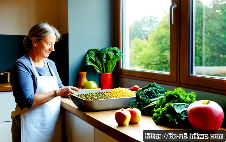 Home 17 식물 기반 식단으로 탄소중립 실천하기 - Photorealistic bright German home kitchen, a middle-aged woman preparing a colorful plant-based meal...