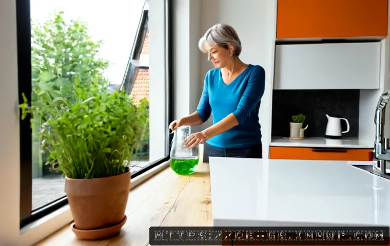 탄소중립을 위한 물 절약 방법 - Photorealistic modern German apartment kitchen, a middle-aged woman filling a reusable glass carafe ...