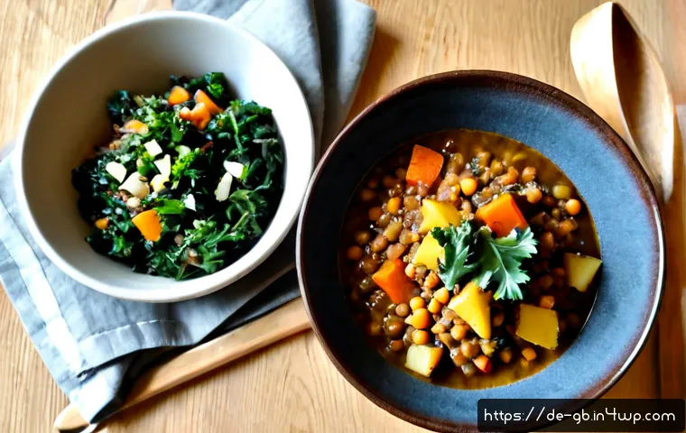 탄소중립 생활을 위한 비건 요리법 - Photorealistic overhead view of a carbon-conscious vegan German-inspired meal: colorful lentil and r...